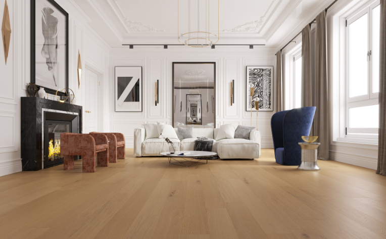 wood flooring in living room with modern decor.