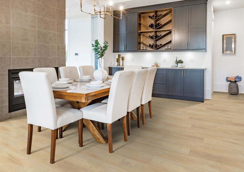 wood flooring in dining room with contemporary furniture.